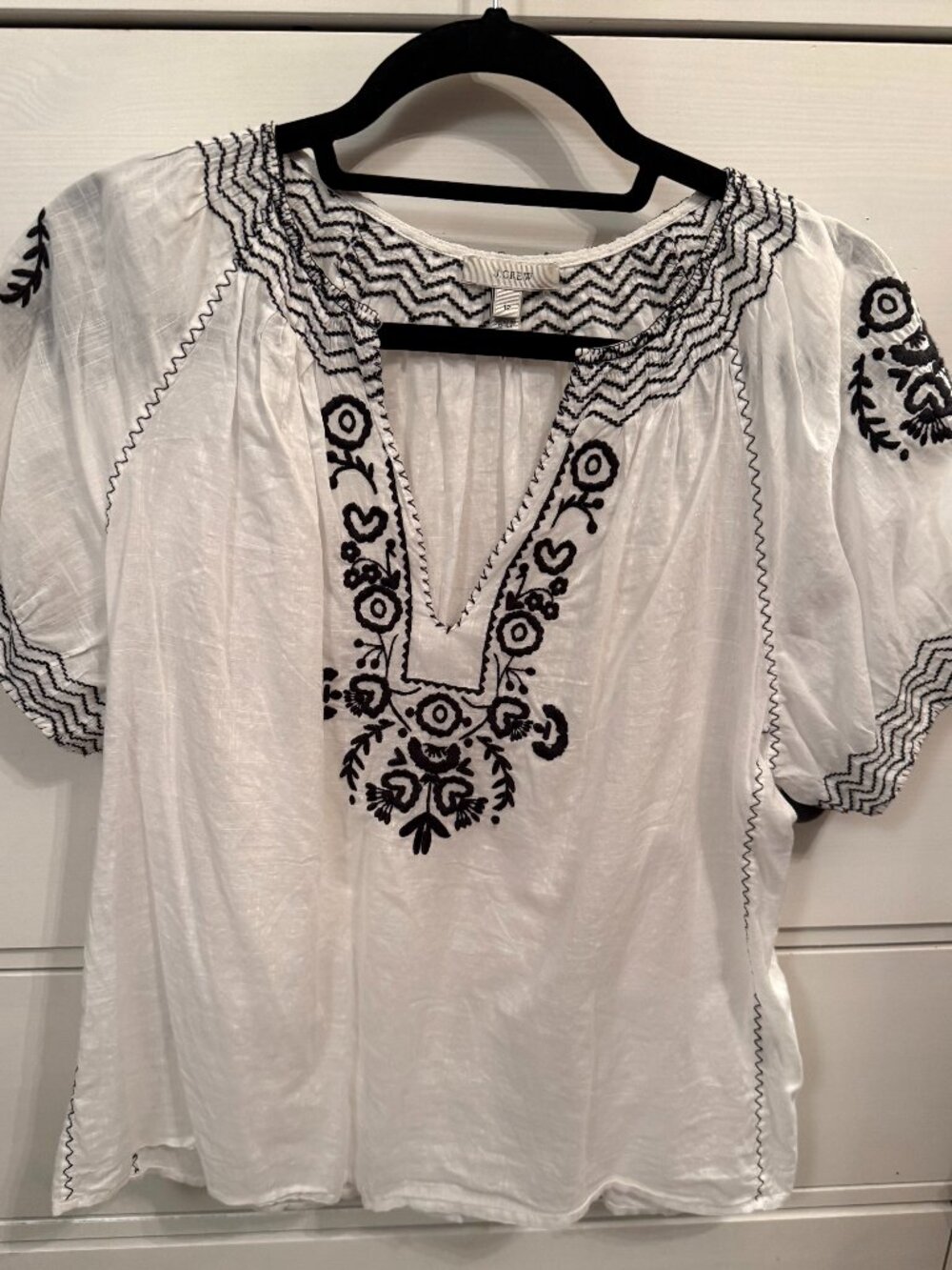 J Crew white cotton embroidered peasant blouse size 12